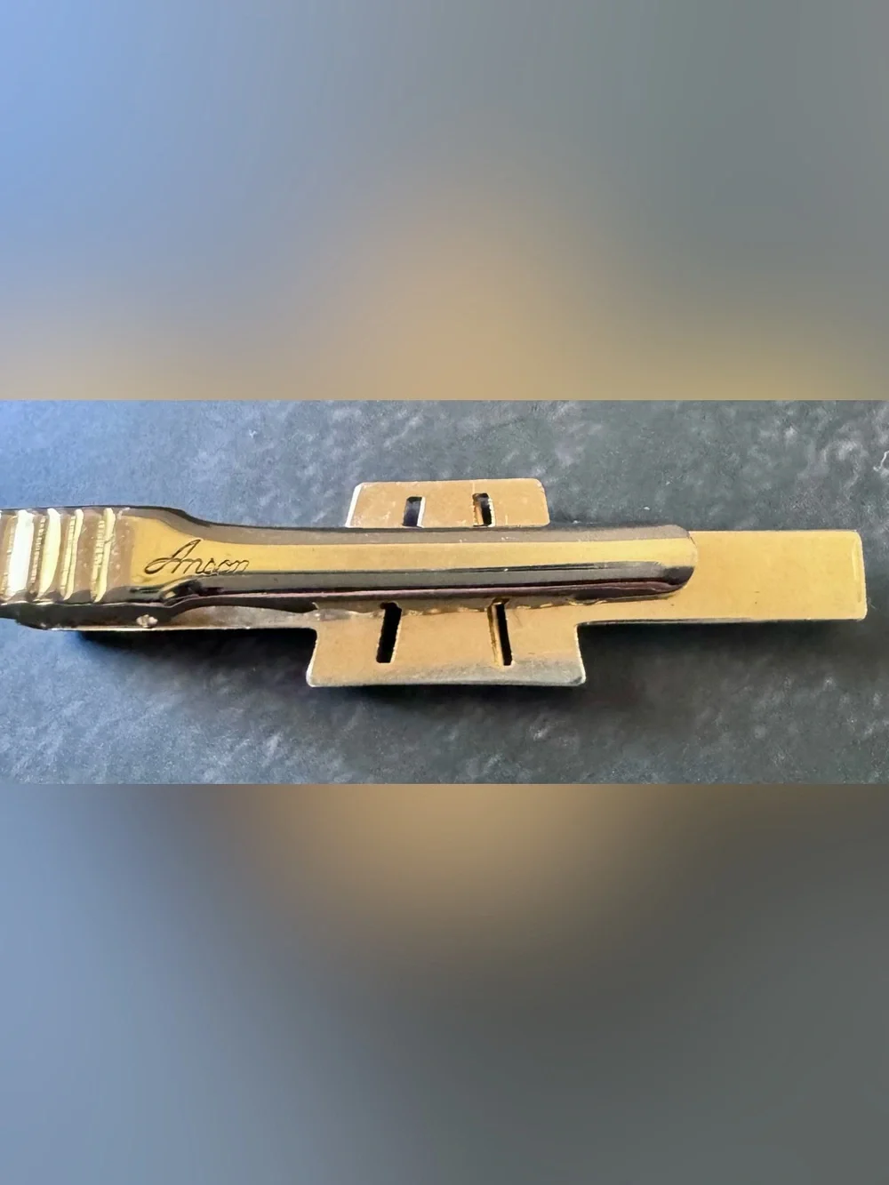 Vintage Anson Cufflinks Tie Clip Bar Set MCM Gold Tone Black Onyx Rhinestone USA